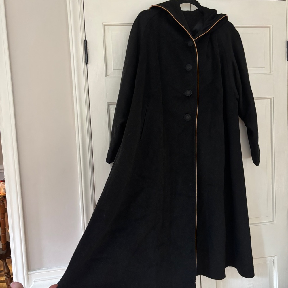 Vintage 1940s Union Wool Black Hooded Swing Coat Gold Trim VTG Union Made in USA - Picture 7 of 13